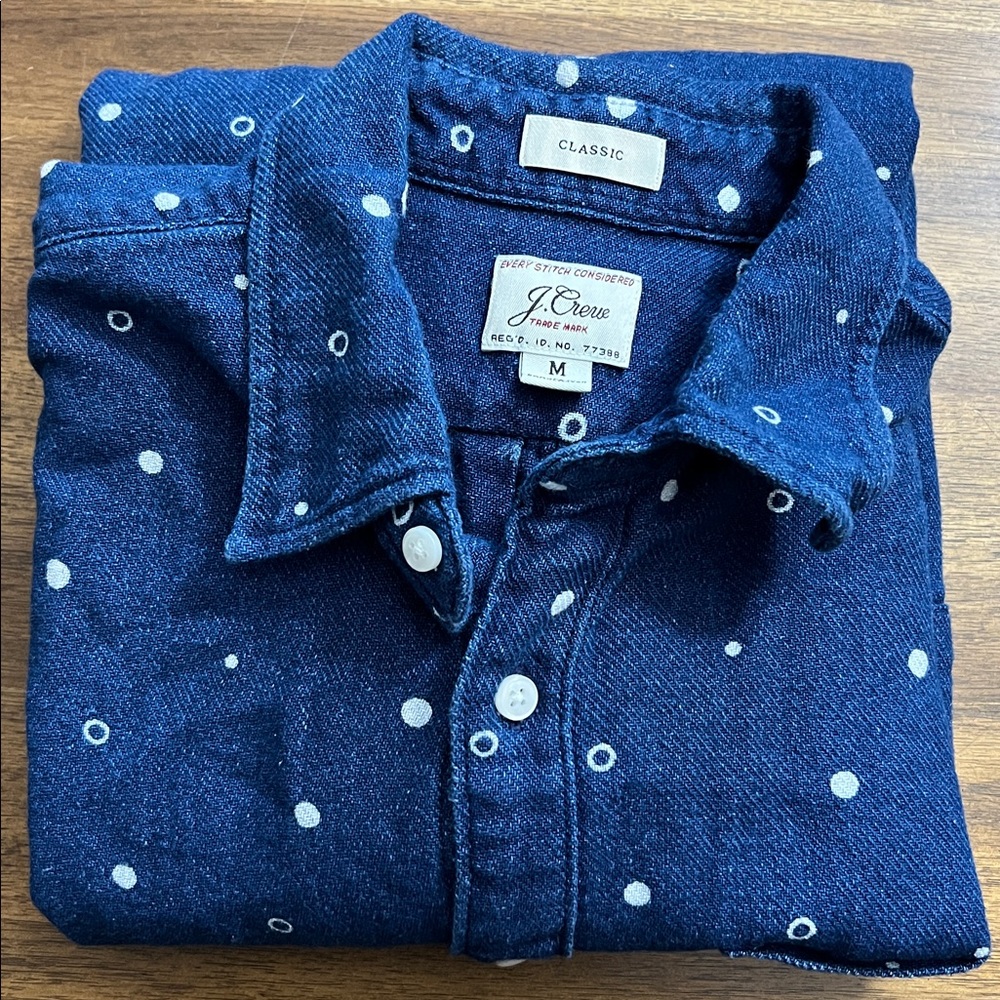 J. Crew Classic Blue Cotton Polka Dot Button Down Mens Size Medium